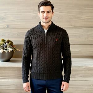 Ralph Lauren Black Cable-Knit Cotton Quarter-Zip Sweater Size 2XB